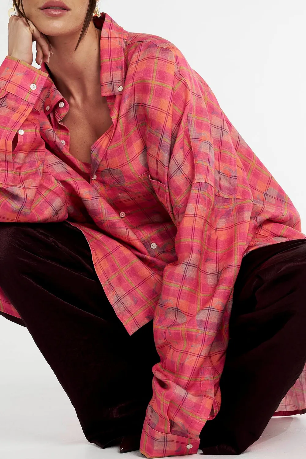 Versatile Loose Neon Plaid Long-Sleeved Shirt