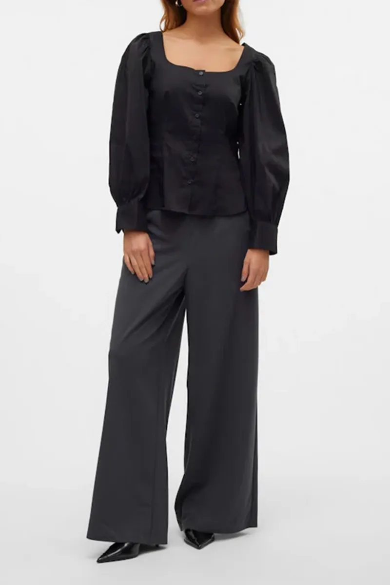 Puff Sleeve Square Neck Black Shirts