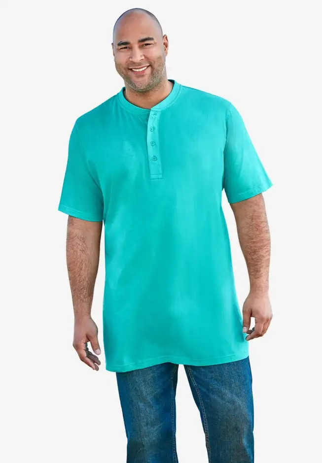 Shrink-Less Longer Length Lightweight Henley T-Shirt