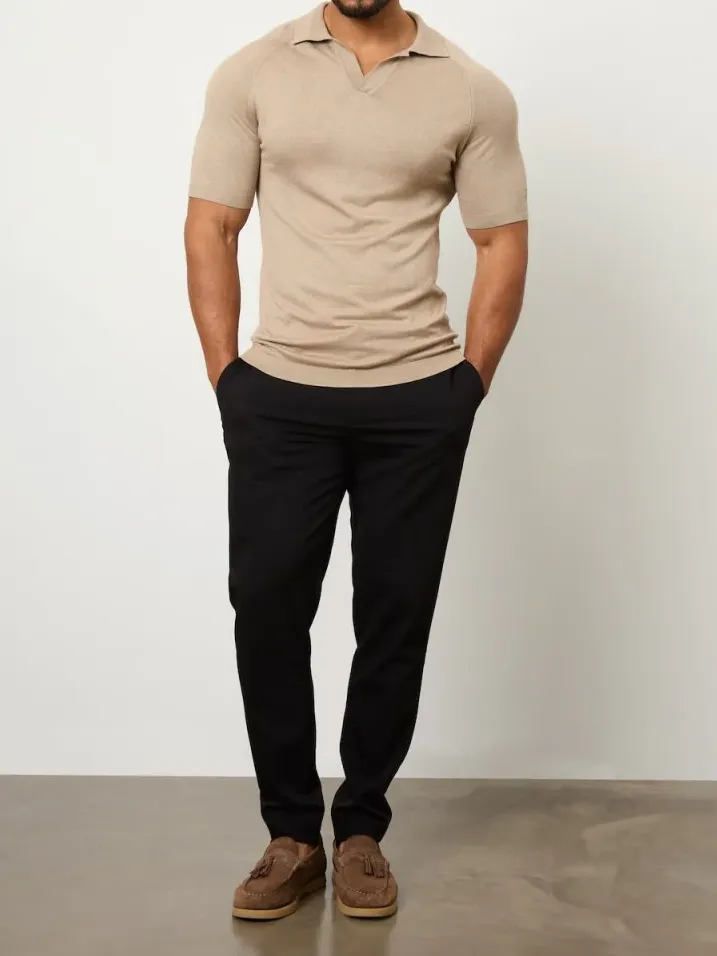 Textured Open Collar Knitted Soft Simple Stone Polo Shirt