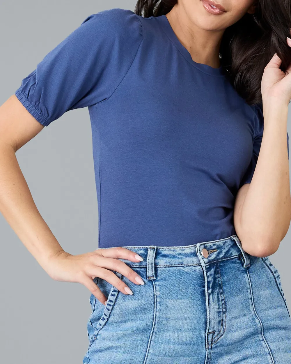 Fashionable Indigo Puff Sleeve Casual Blouse