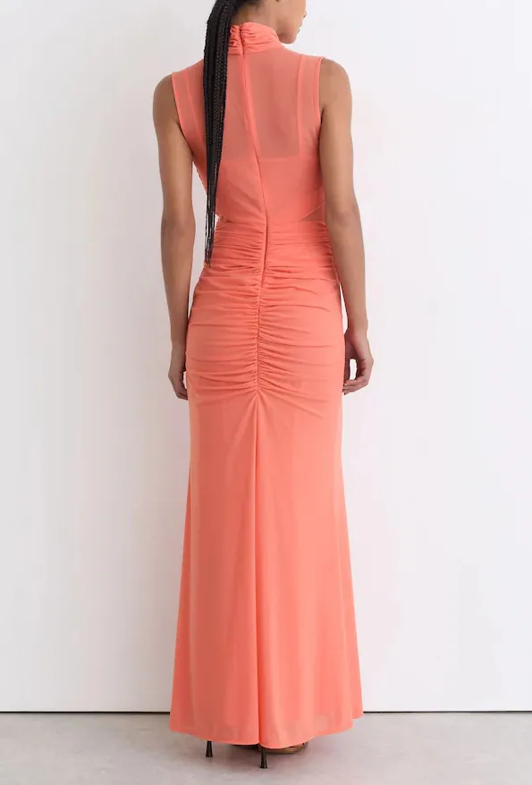 Orange Sheer Ruched Sleeveless Maxi Dress