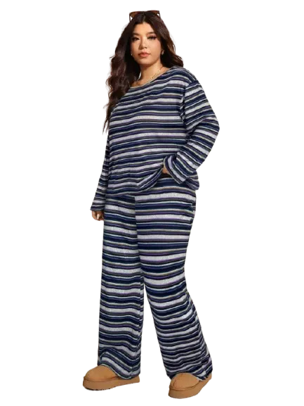Plus Size Women's Winter Off-Shoulder Striped 2pc Set