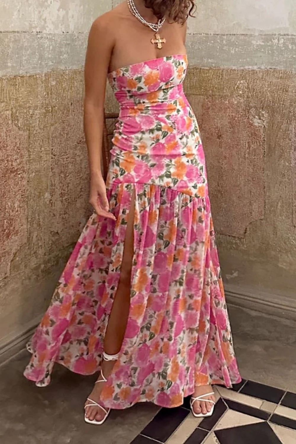 Strapless Drop Waist Pink Floral Maxi Dress - slaylook