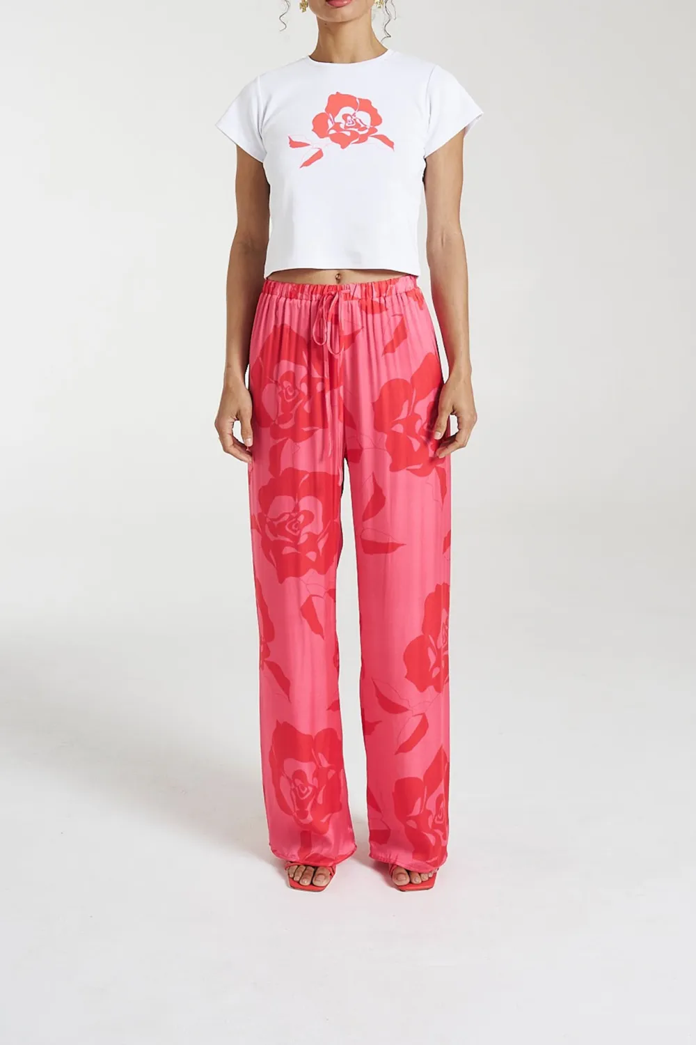 Pink Rose Print Soft Straight  Pants