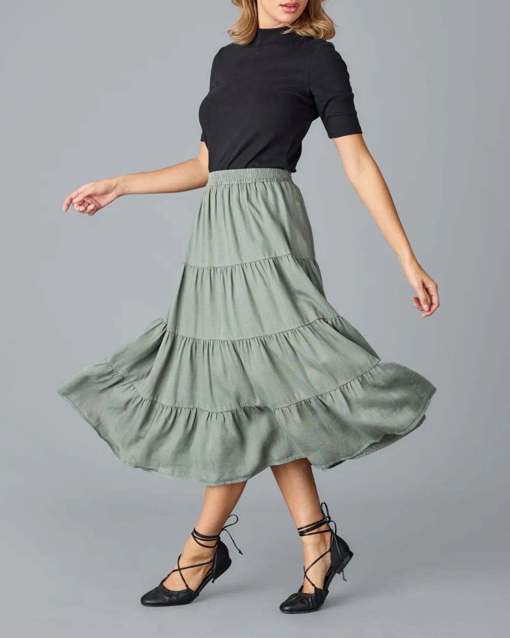 Olive Green Ruffled Midi Skirt