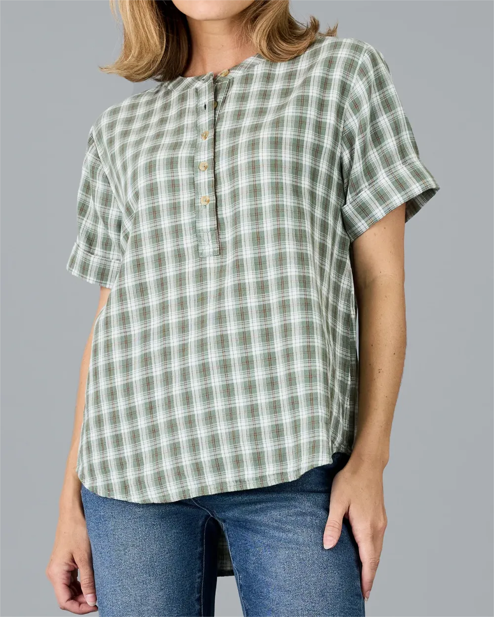 Green And White Checkered Henley Shirt