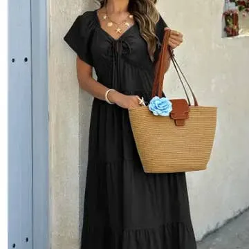 Cross V-Neck Knot Pockets Ruffle-Hem Dress