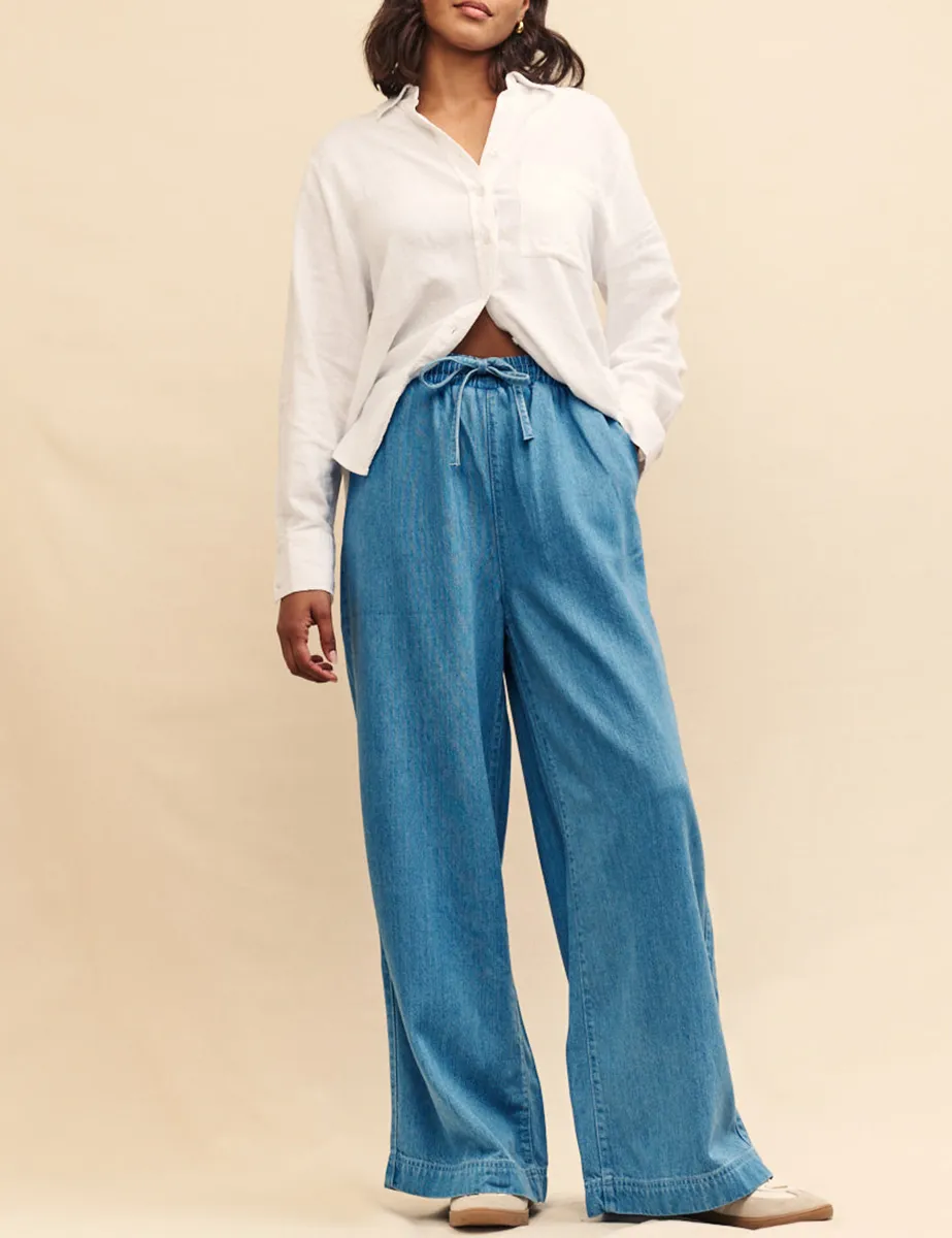 Mid Wash Blue Denim Drawstring Trouser