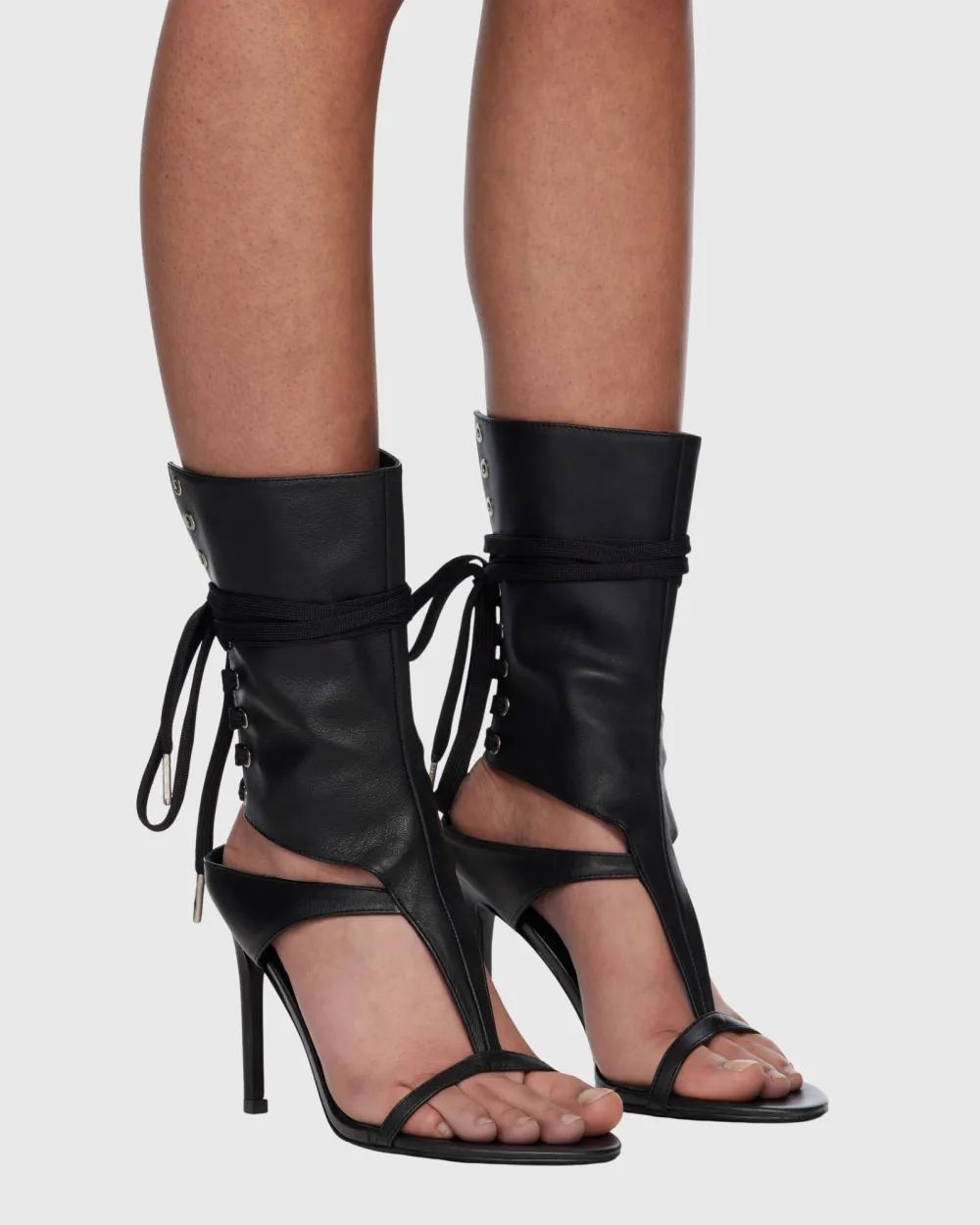 Lace Up Cutout Thong Sandals in Black
