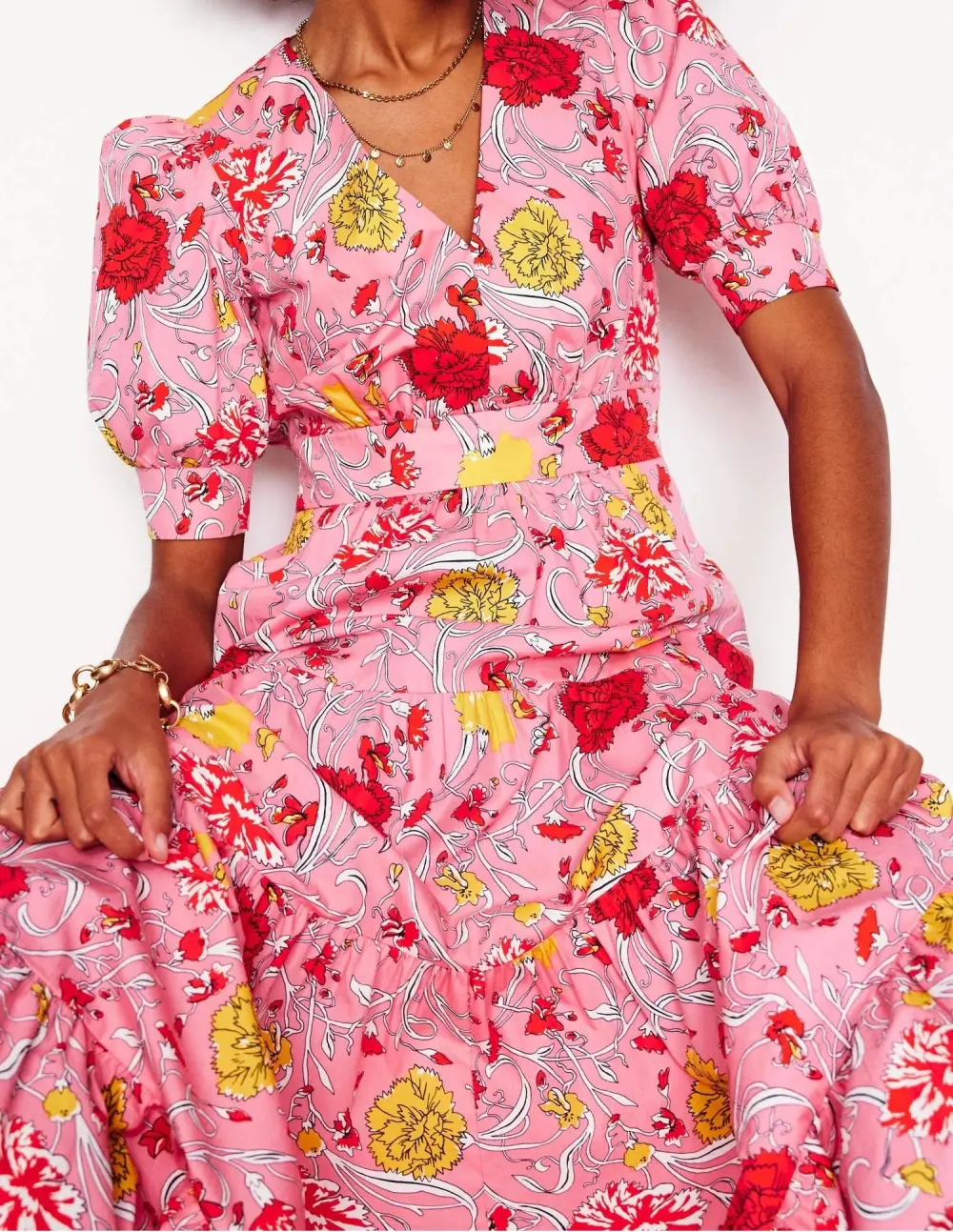 Pink and Yellow Floral Puff - Sleeve Maxi Dress