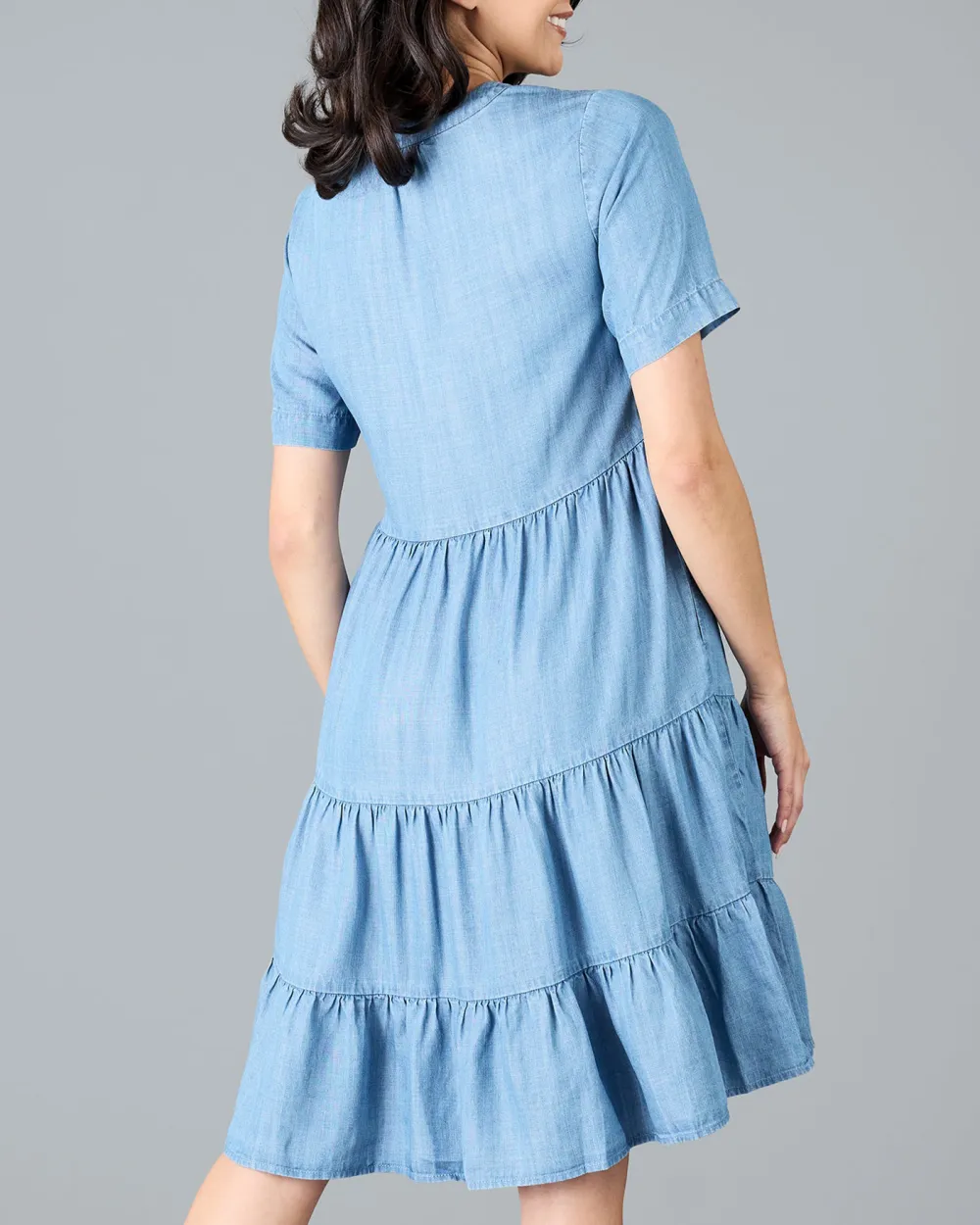 Medium Blue Wash Button Down Ruffled Dress