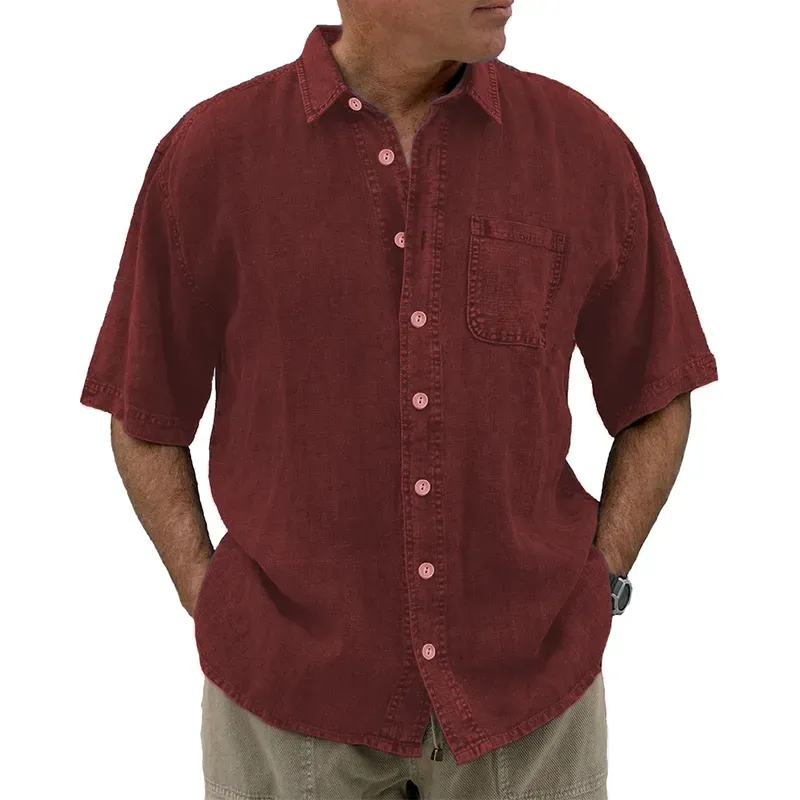 8-Pack Men's vintage cotton linen pocket short-sleeved shirt