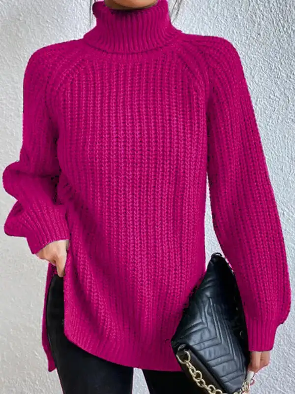 💥HOT SALE📢 Long Sleeves Loose Solid Color Split-Side High Neck Pullovers Sweater