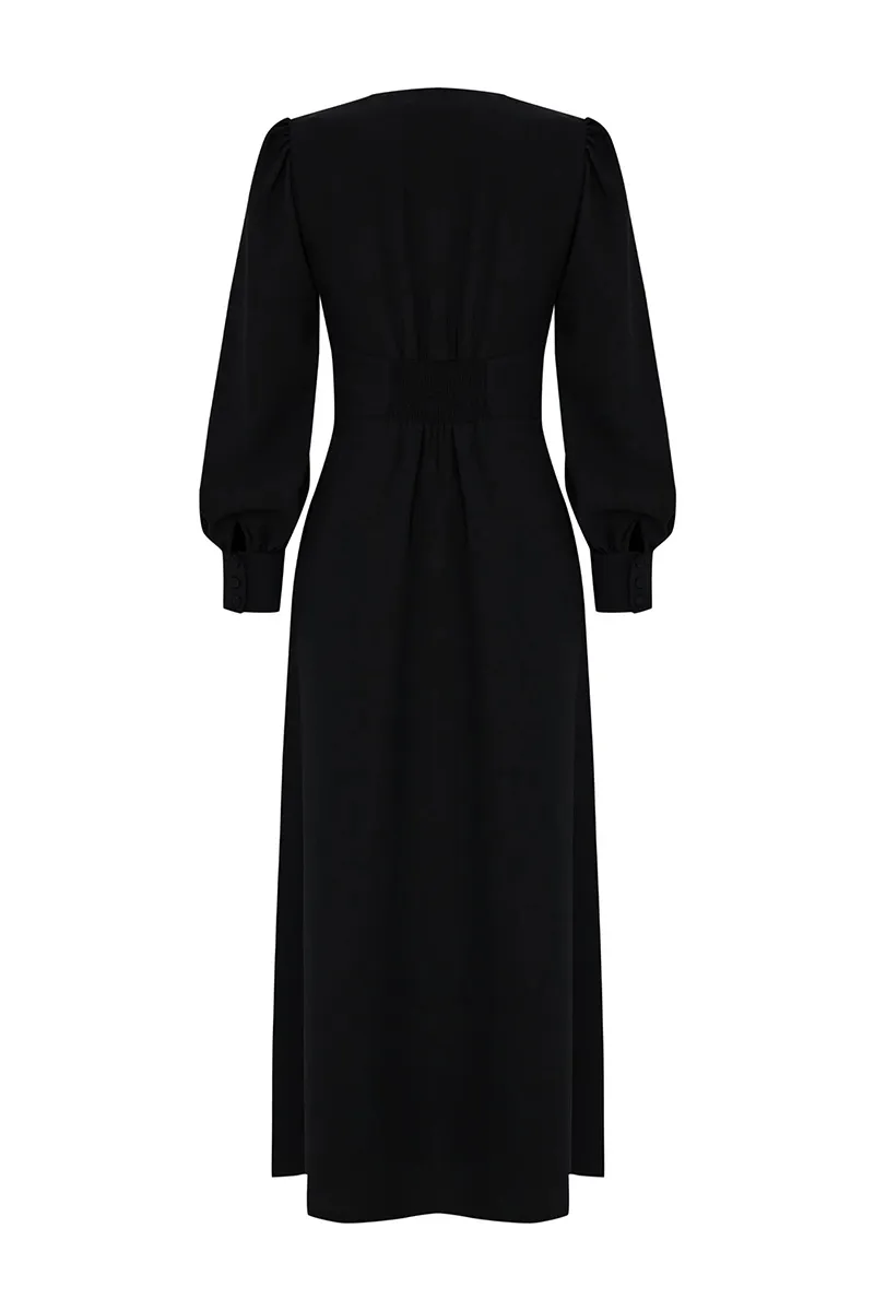 Black Puff Sleeve V-Neck Midi Dresses