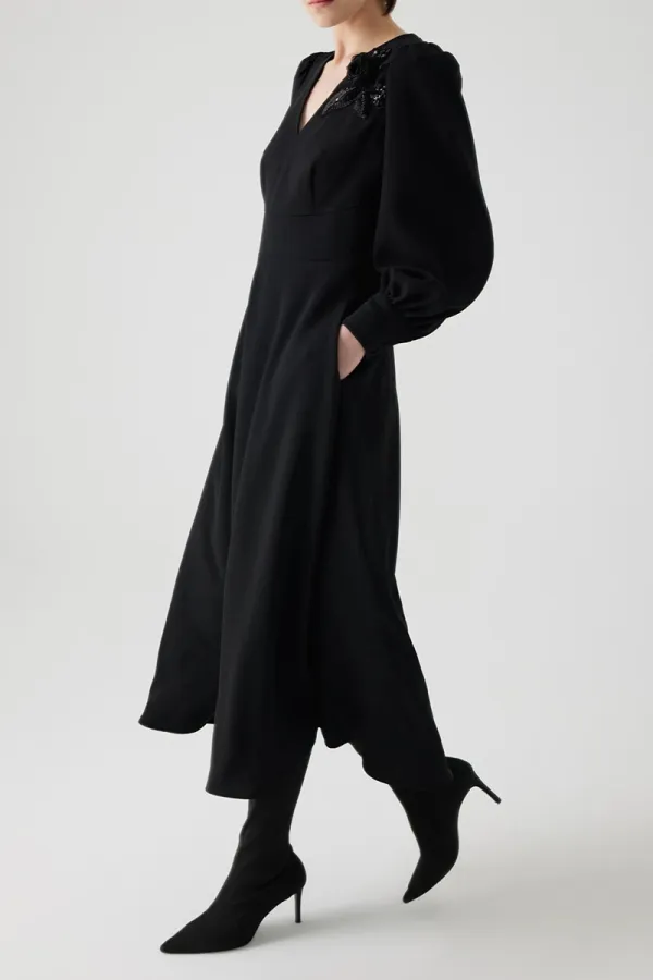 Black Puff Sleeve V-Neck Midi Dresses