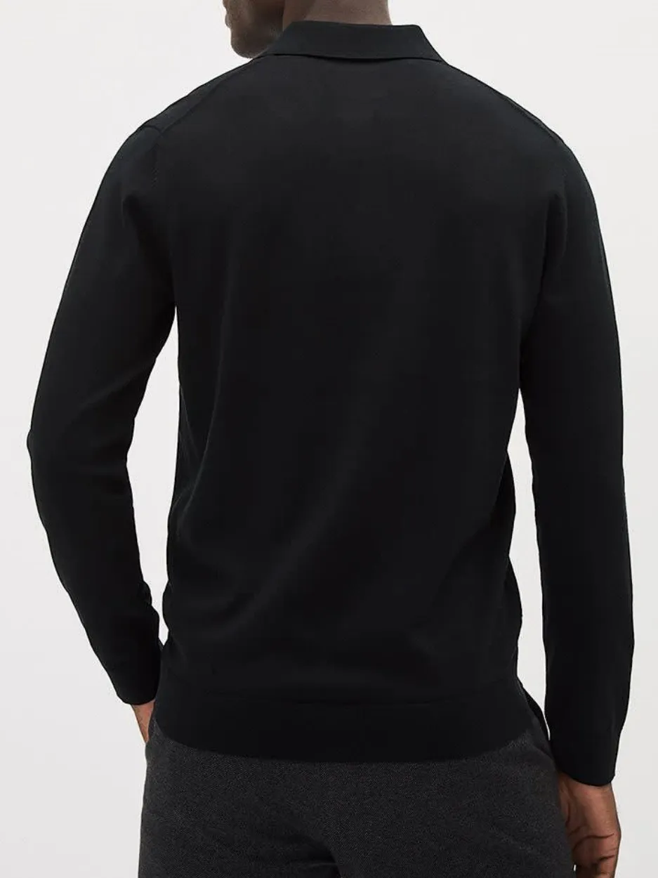 Black Cotton Long-Sleeve Polo Sweater