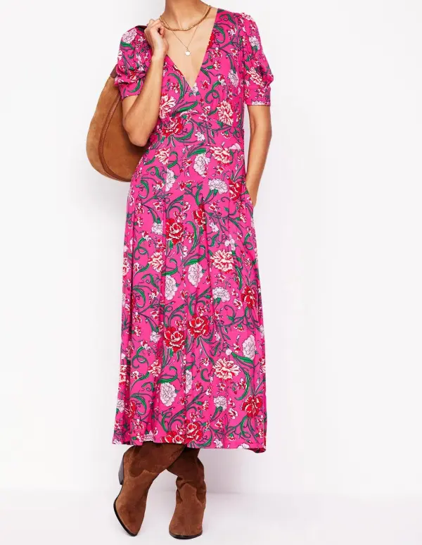 Magenta Pleated Jersey Wrap Dress