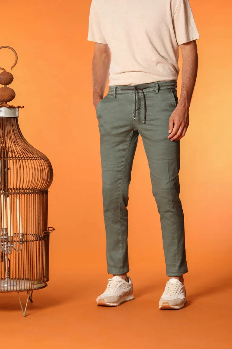 Men's Green Cotton and Linen Twill Elastic Waist Slim Fit Trousers