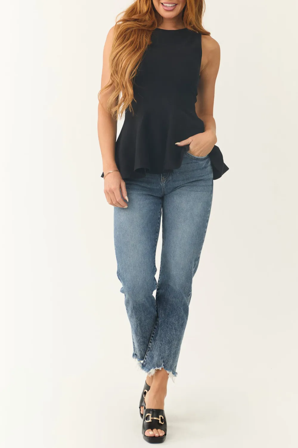 Black Peplum Ribbed Knit Tank Top