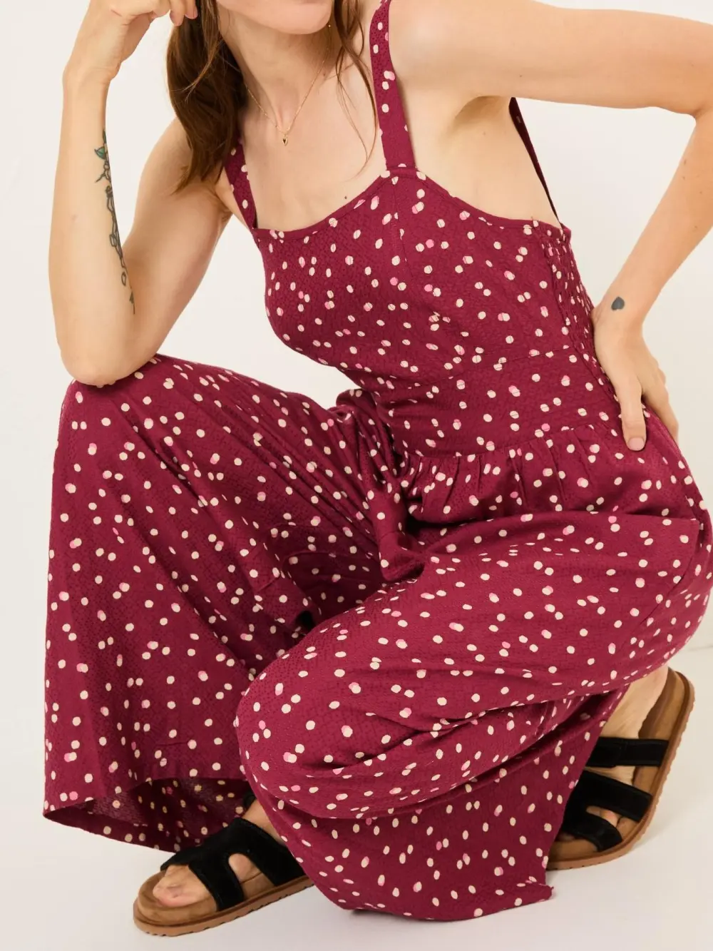 Burgundy Neckline Square Pattern Plain Jumpsuit