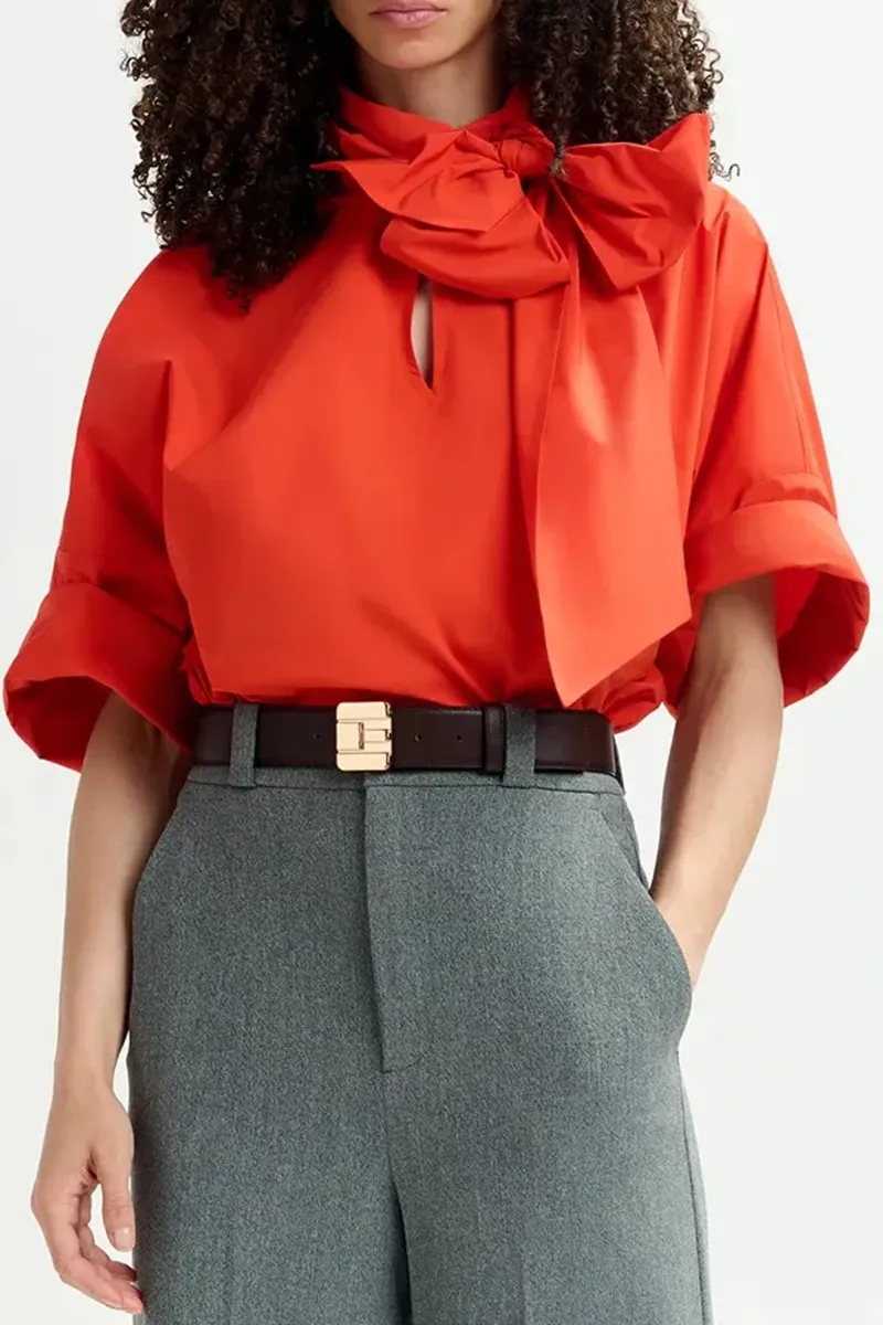 Bow Accent Cut Out Neckline Tops