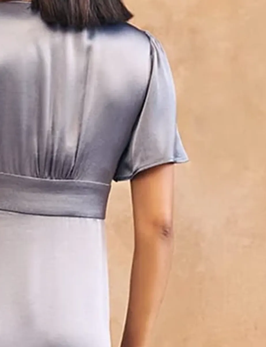 Blue Satin Button Front Maxi Dress