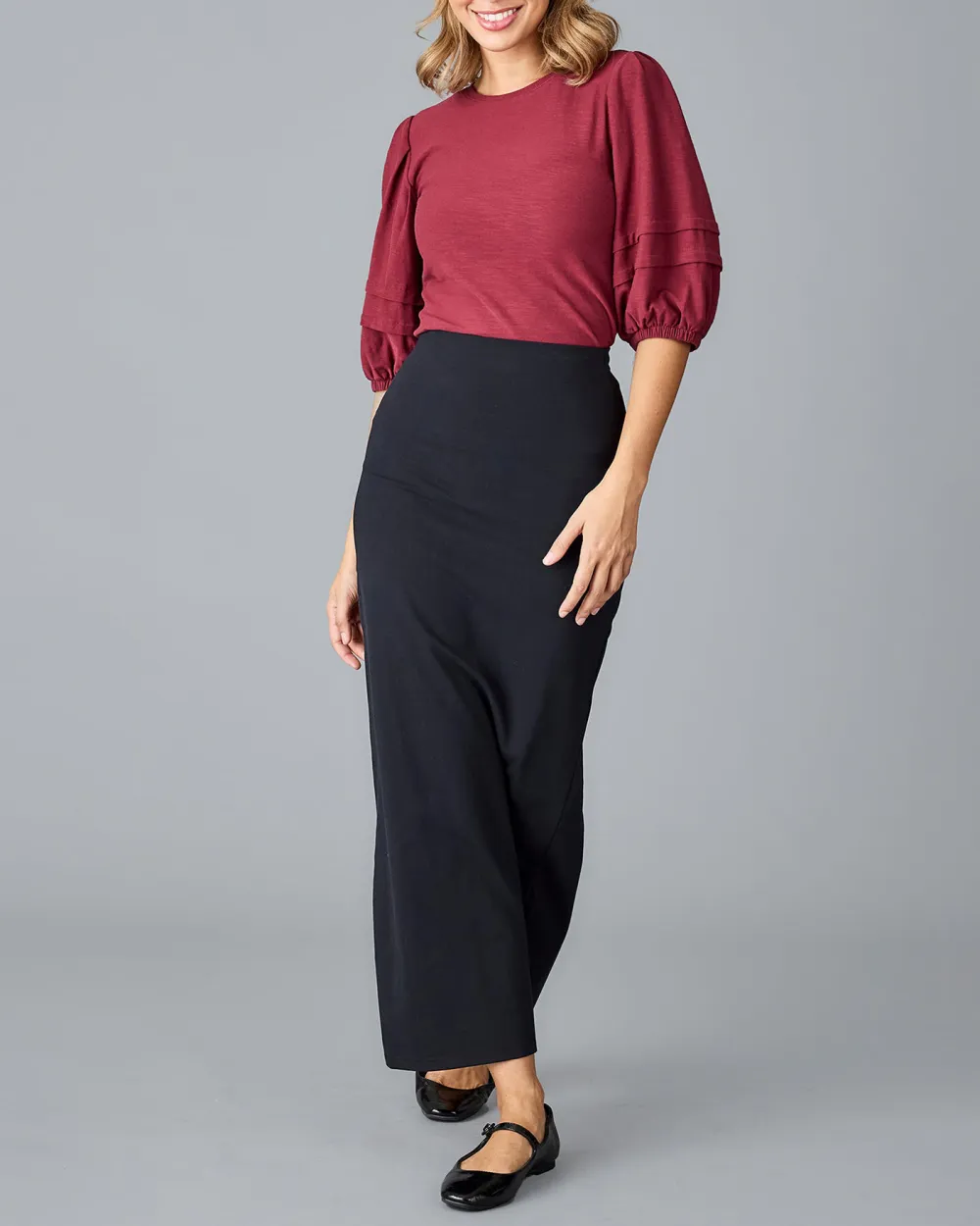 Wine Red Ruffled Three Quarter Sleeves Blouse