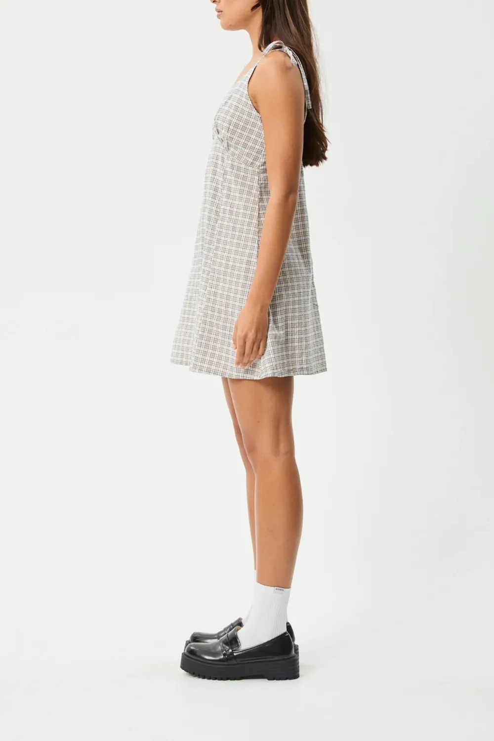 White Simple Plaid V-Neck Mini Dresses