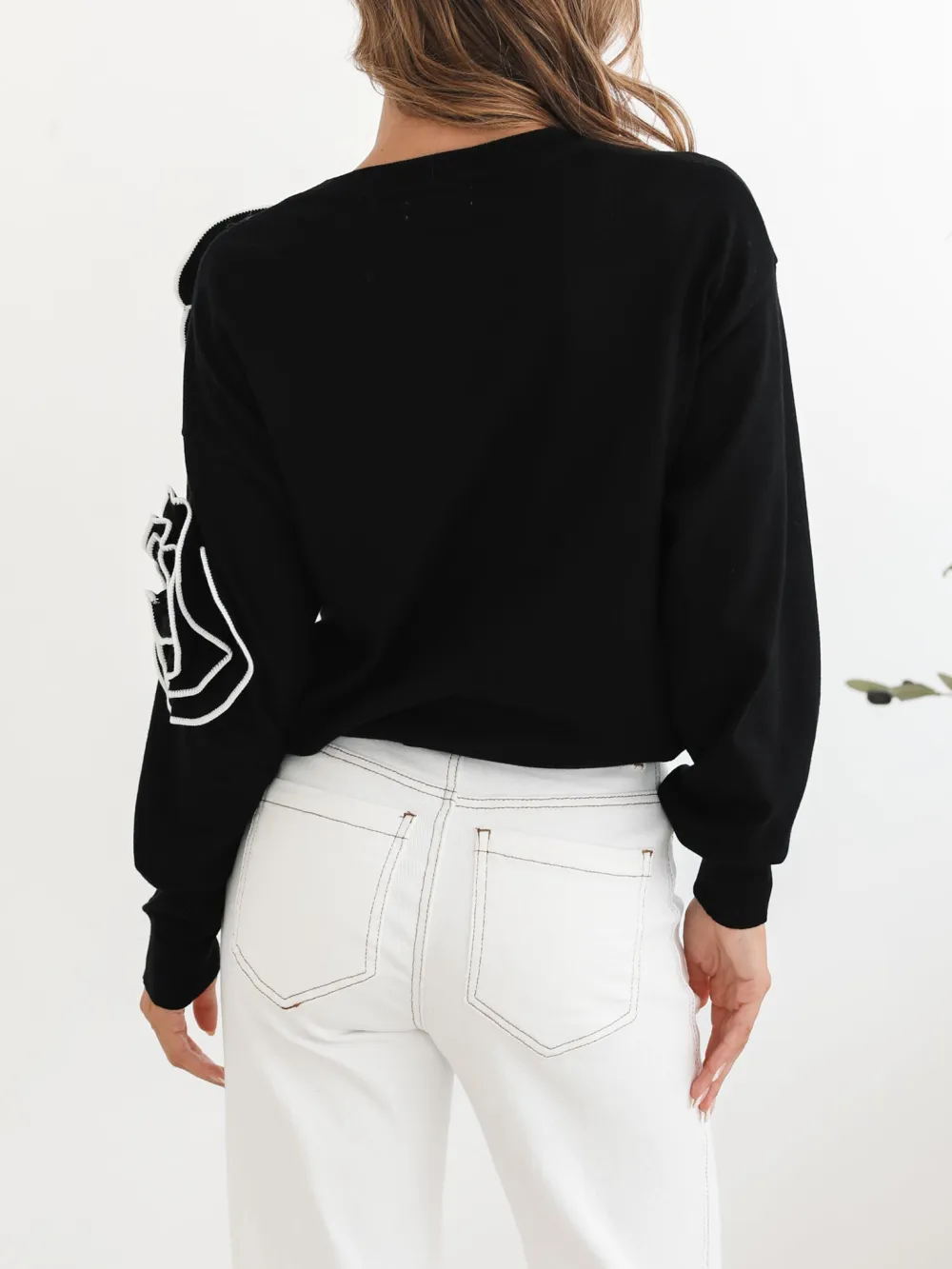 Black Multi Casual Style Crew Neck Knit