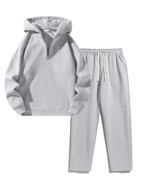 🔥Last Day Promotion 89% OFF🔥Men's Plain Drop Shoulder Sweatsuit Set - Half Zip Hoodie & Drawstring Sweatpants With Pockets