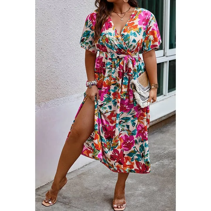 Plus Size Floral Butterfly Sleeve Belted Dress