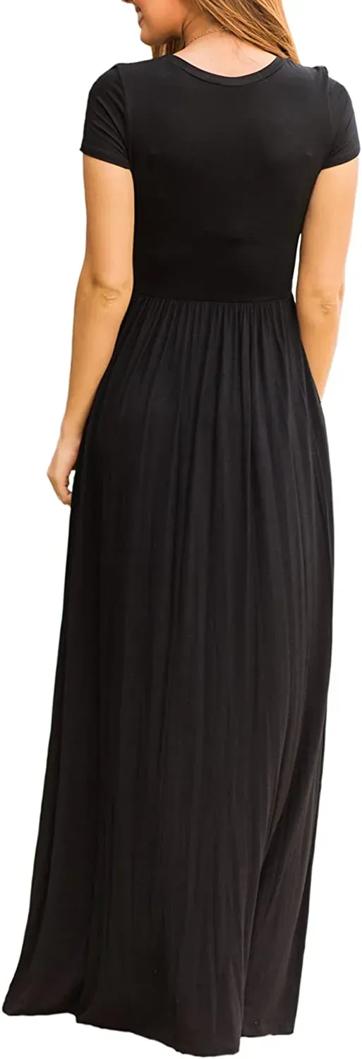 Women's Short Sleeve Loose Plain Maxi Dresses Casual Long Dresses with Pockets