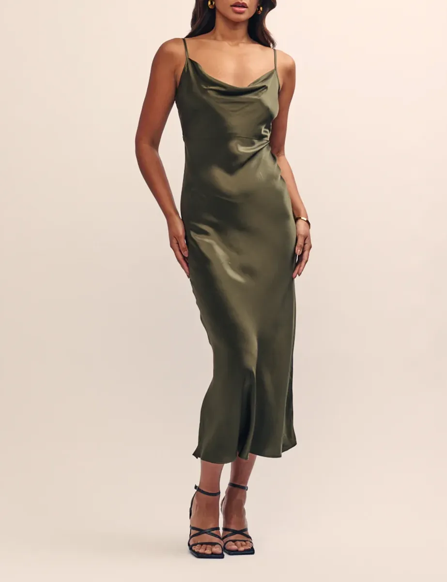 Green Satin Cowl Neck Midi Dress