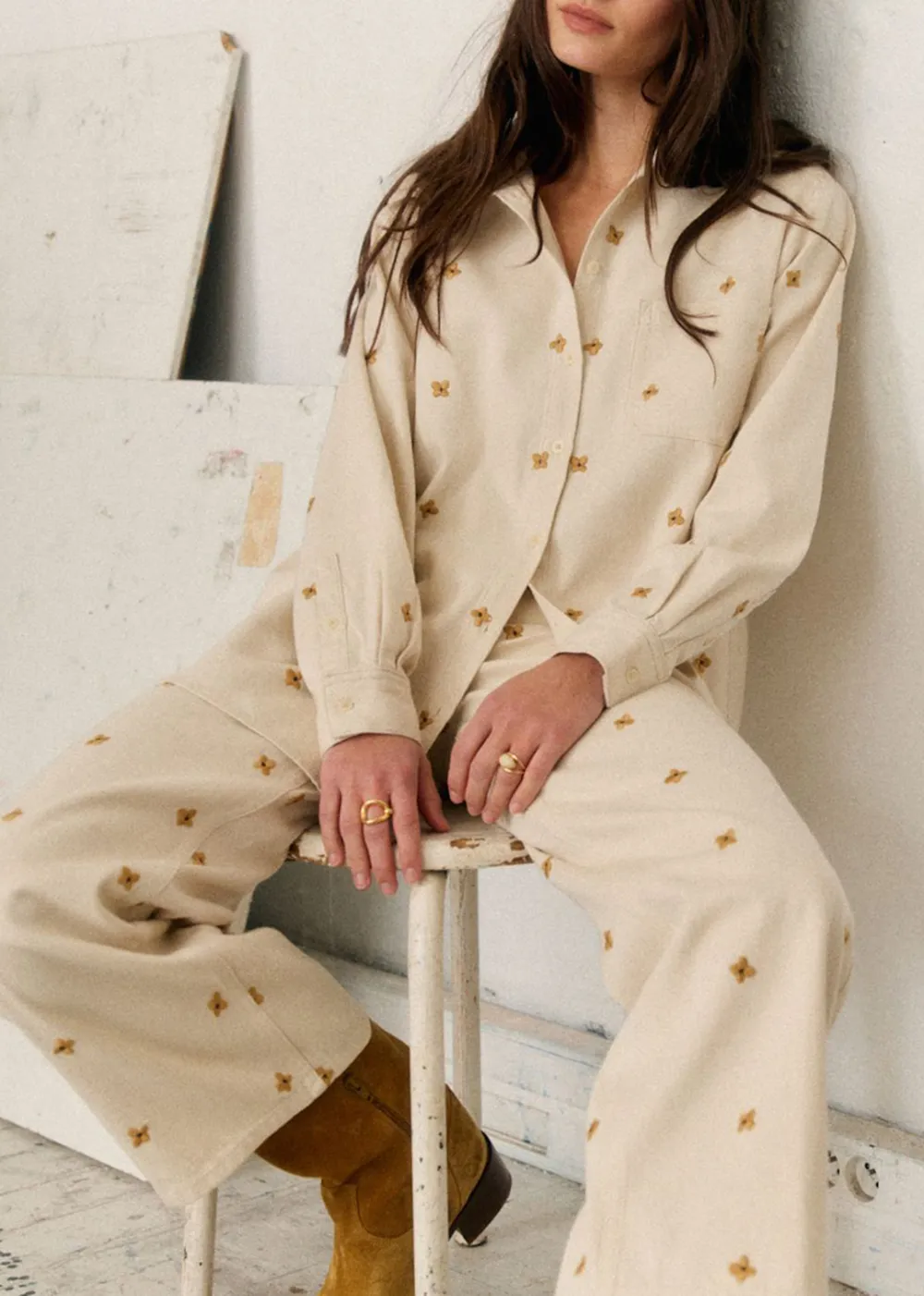 Embroidered Wide-Leg Flared High-Waist Trousers