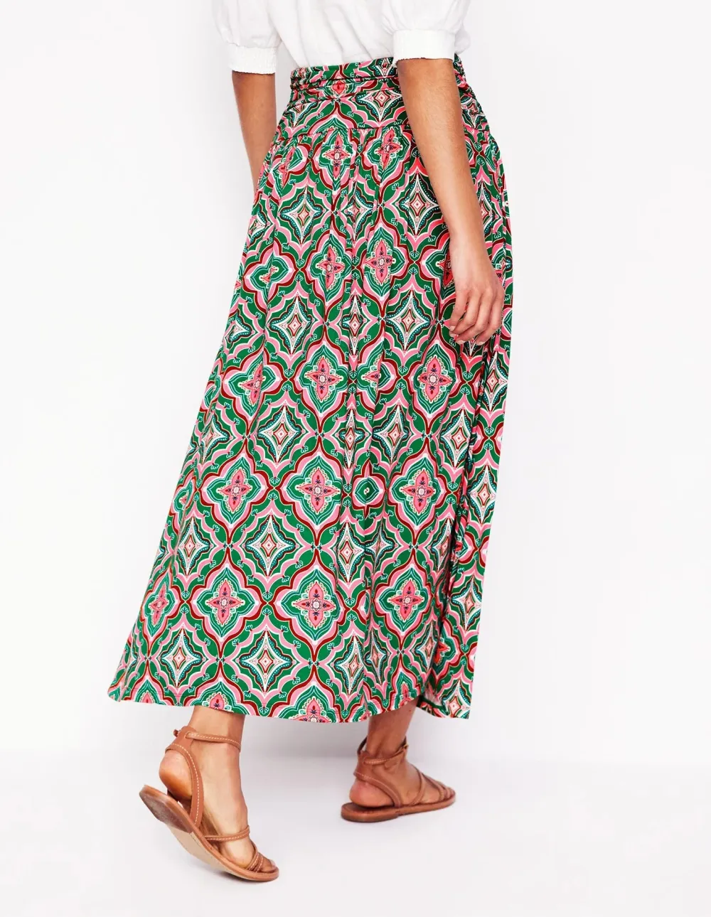 Green Geometric - Print Linen Midi Skirt