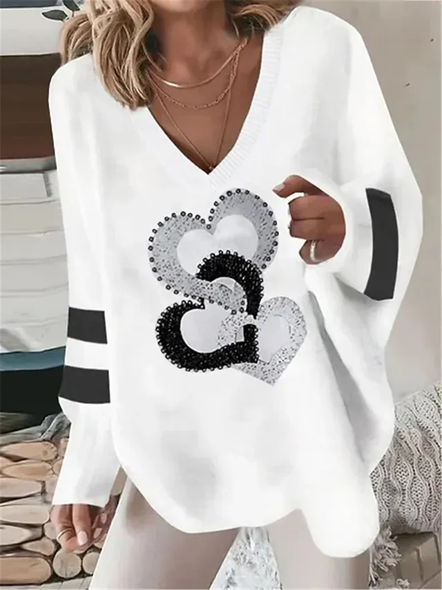 Women's Pullover Sweater Jumper Jumper Ribbed Knit Print Animal V Neck Stylish Casual Outdoor Daily Summer Fall White / Black Black S M L