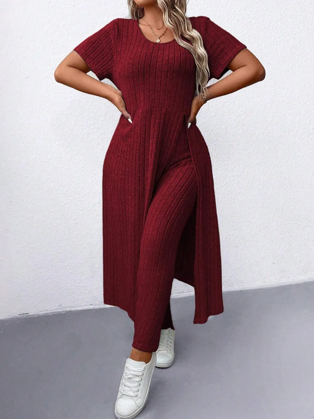 Women's Plus Size Minimalist Ribbed 2pc Tunic Set