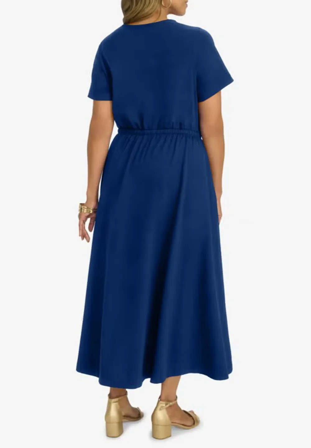 Solid Color Waist Cinched Round Neck Dress