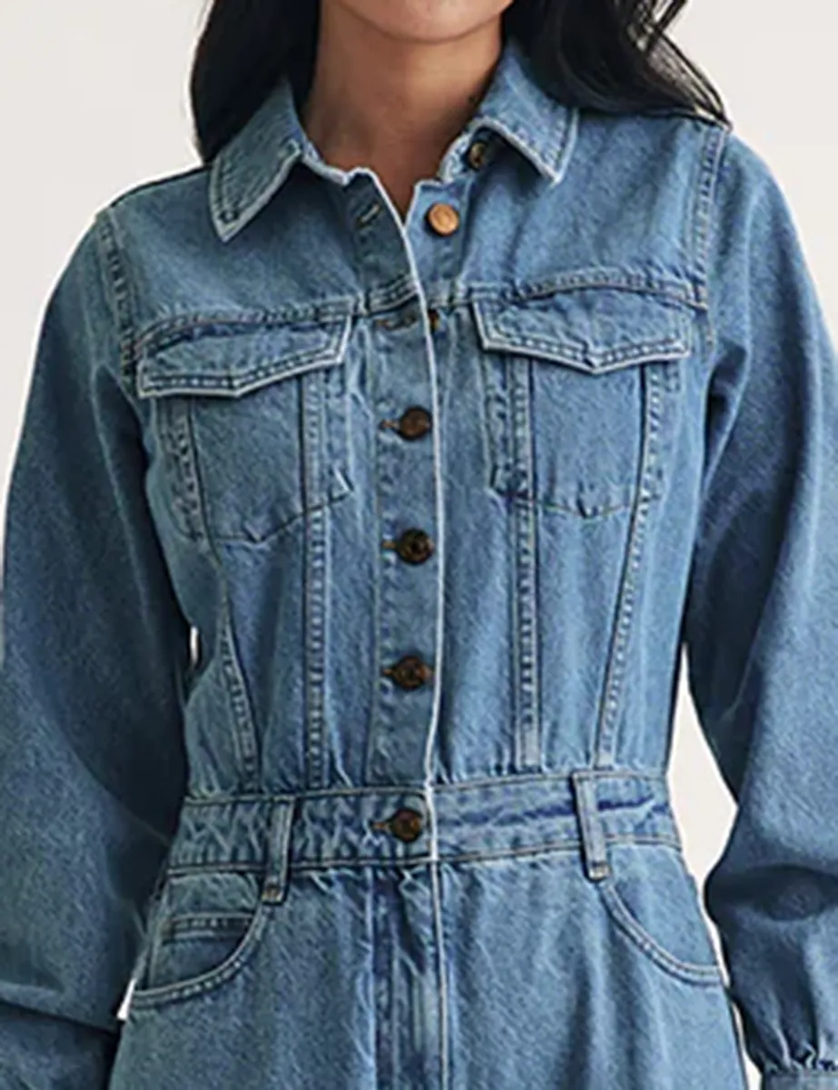 Light Wash Long Sleeve Denim Jumpsuit