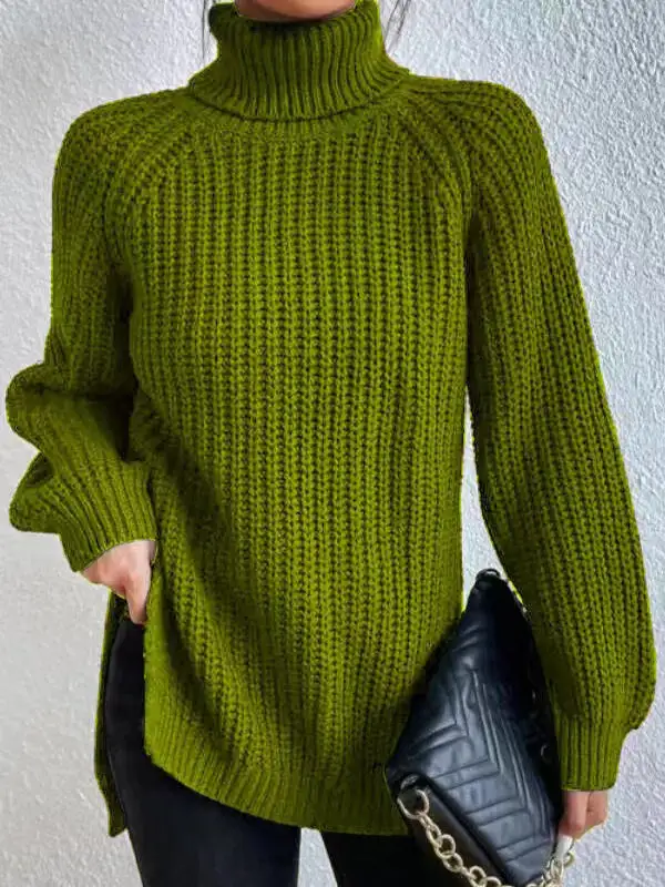 💥HOT SALE📢 Long Sleeves Loose Solid Color Split-Side High Neck Pullovers Sweater