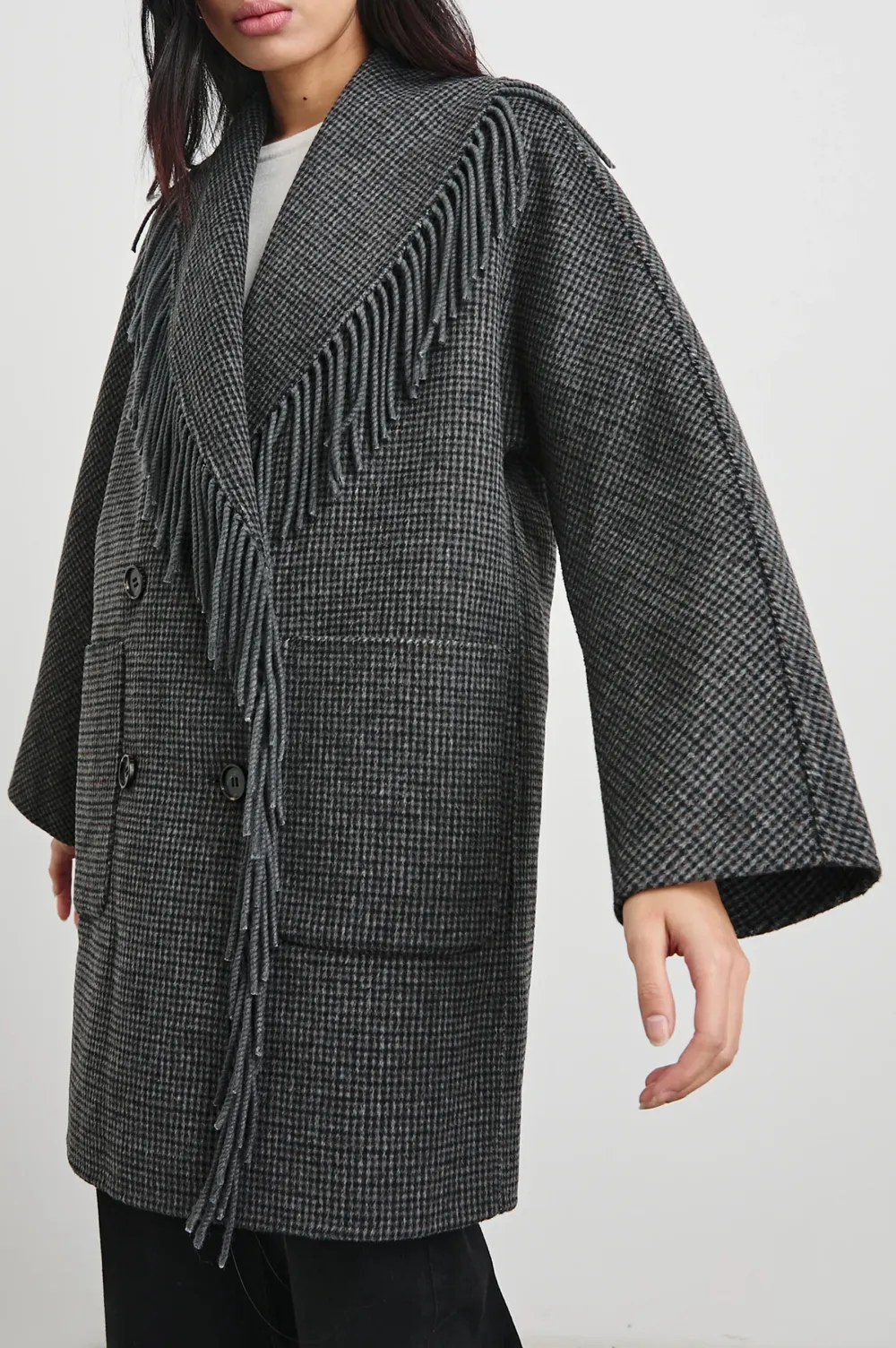 Wool Coat With Fringed Collar Design