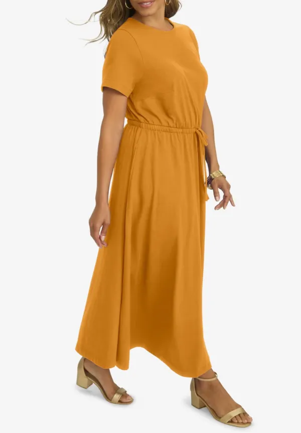 Solid Color Waist Cinched Round Neck Dress