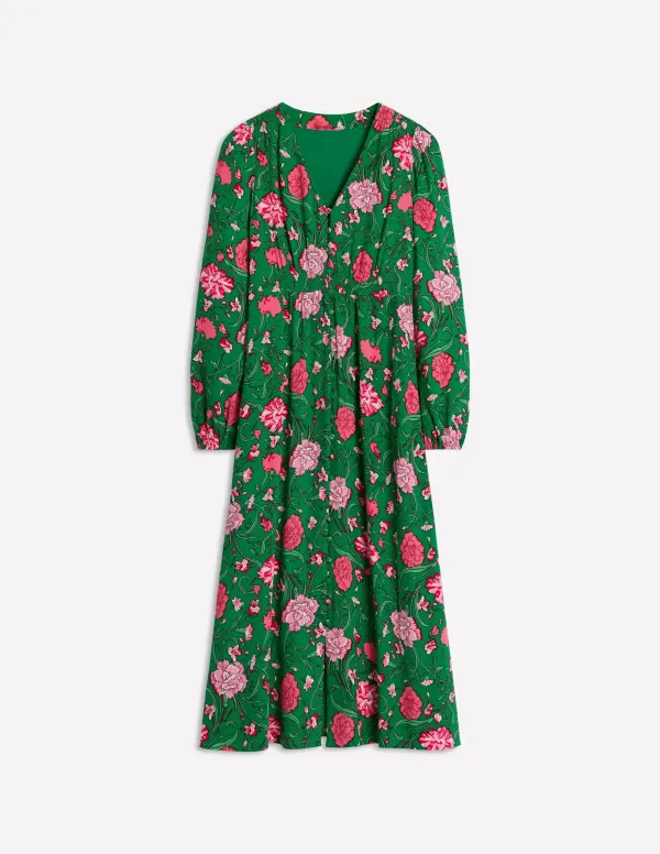 Green Floral Button - Front Tea Dress