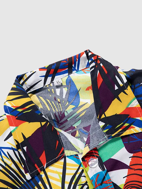 Men'S Hawaiian Print Short-Sleeved Casual Button-Front Resort Shirt + Casual Shorts Two-Piece Set