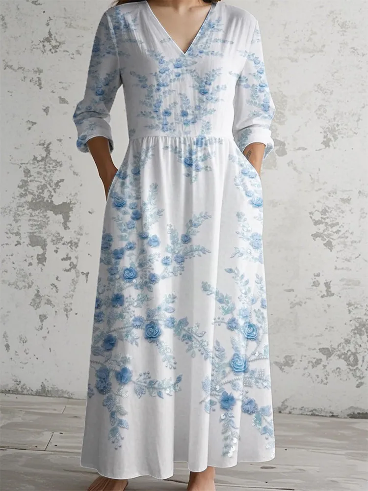 Power Blue Floral Ball Print Long-Sleeve V-Neck Dress