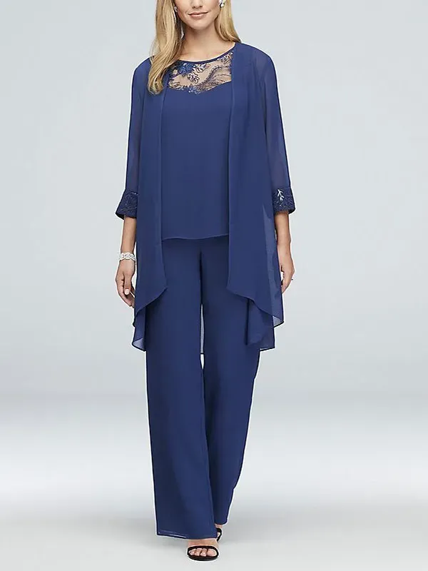 Lace-Detailed Georgette Three-Piece Pantsuit