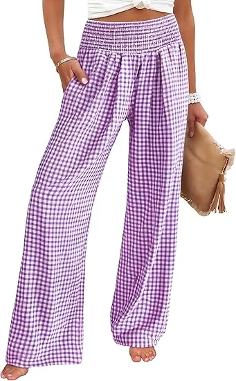 Women's High Waisted Plaid Wide Leg Pants - Lounge Pajama with Pockets