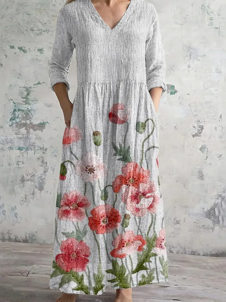 Pink Floral Print Linen Cotton Maxi Dress