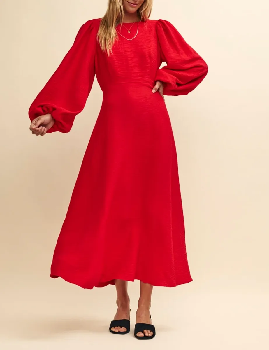 Red Linen-blend Beckless Balloon Sleeve Midi Dress
